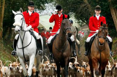 Members of the Old Surrey Burstow and West Kent Hunt ride to Chiddingstone Castle for the annual Boxing Day hunt in Chiddingstone, south east England