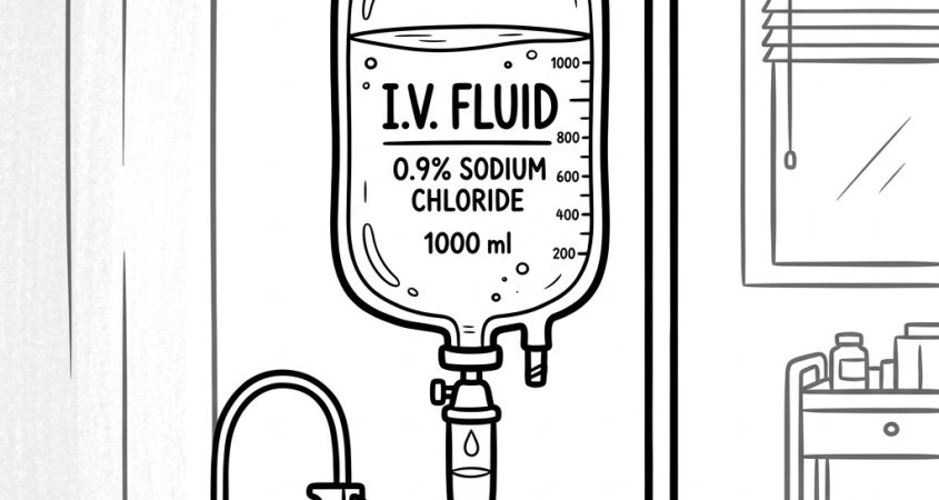 IV fluid bag labeled 0.9% sodium chloride 1000 ml hanging on stand