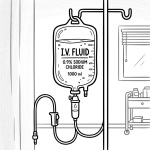 IV fluid bag labeled 0.9% sodium chloride 1000 ml hanging on stand