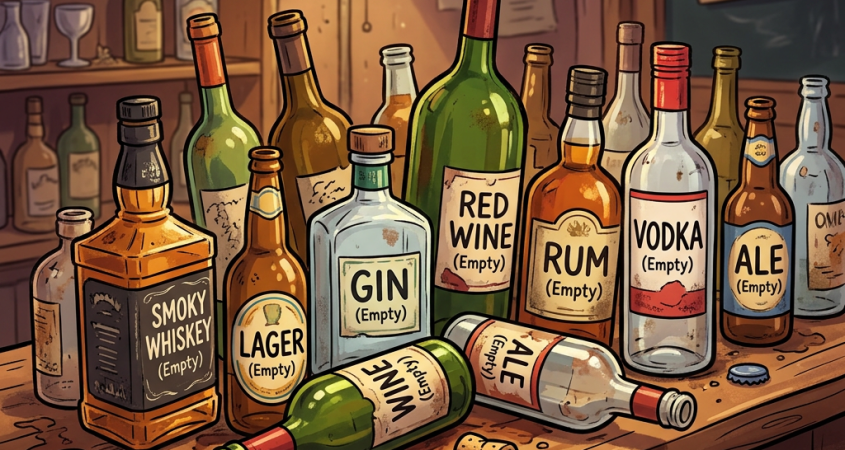 Bar counter with multiple empty bottles labeled smoky whiskey, lager, gin, red wine, rum, vodka, ale, and wine