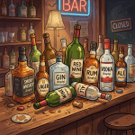 Bar counter with multiple empty bottles labeled smoky whiskey, lager, gin, red wine, rum, vodka, ale, and wine