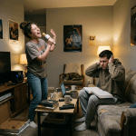 Person singing loudly, annoyed roommate nearby