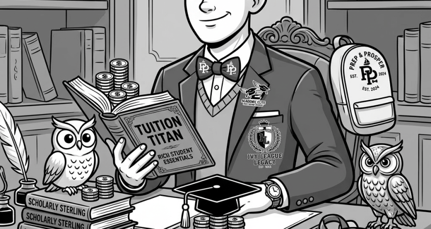 Nine black and white logos featuring academic motifs like owls, graduation caps, books, and backpacks with luxury-themed text.